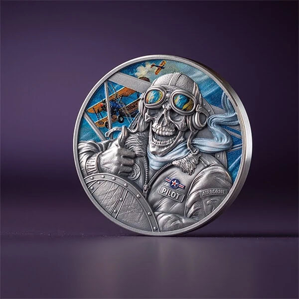 2026 Ghana Memento Mori Pilot 1 oz Silver Antiqued High Relief Colorized Coin