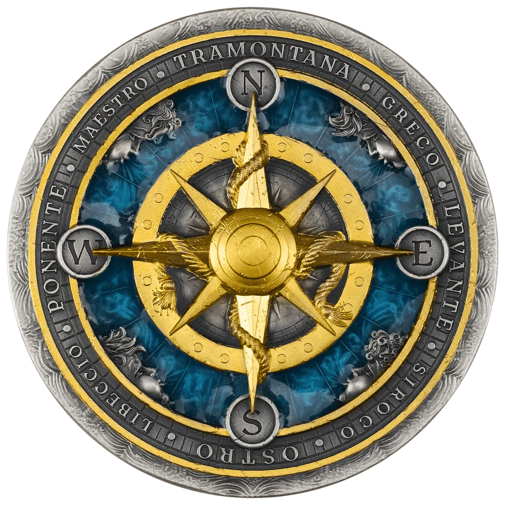 2026 Niue Compass Rose 2 oz Silver Antiqued Gilded Resin-Filled Coin