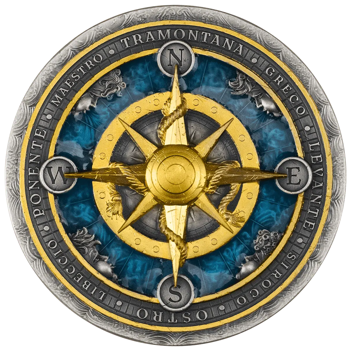 2026 Niue Compass Rose 2 oz Silver Antiqued Gilded Resin-Filled Coin